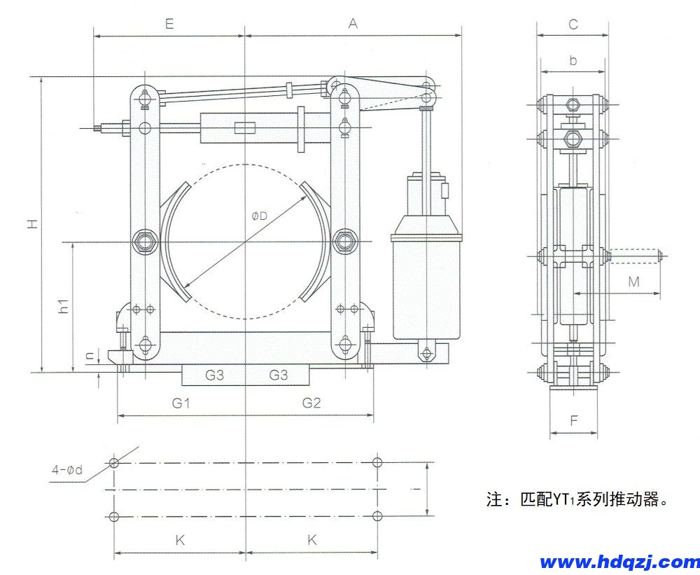 YWZ(B)电力液压鼓式制动器外形尺寸图